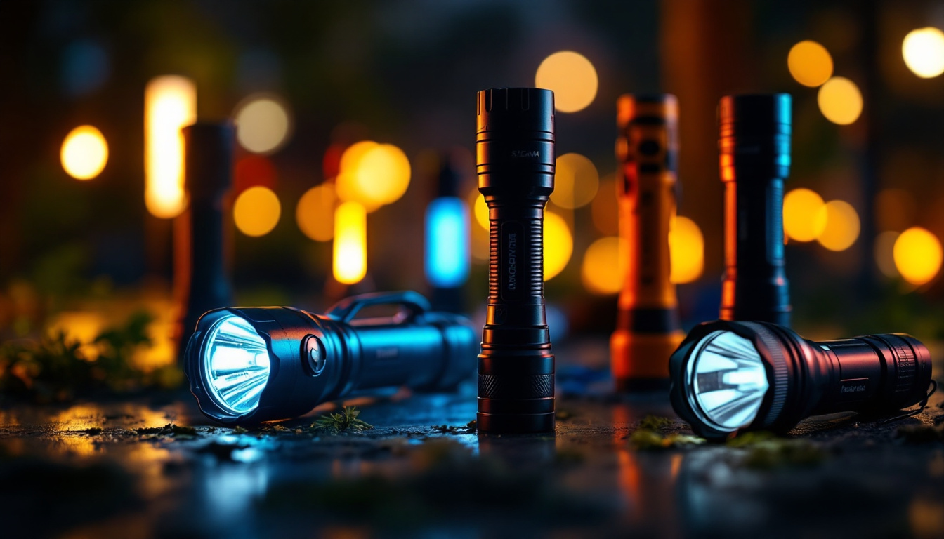 A photograph of capture a photograph of a variety of fluorescent flashlights displayed in an engaging layout
