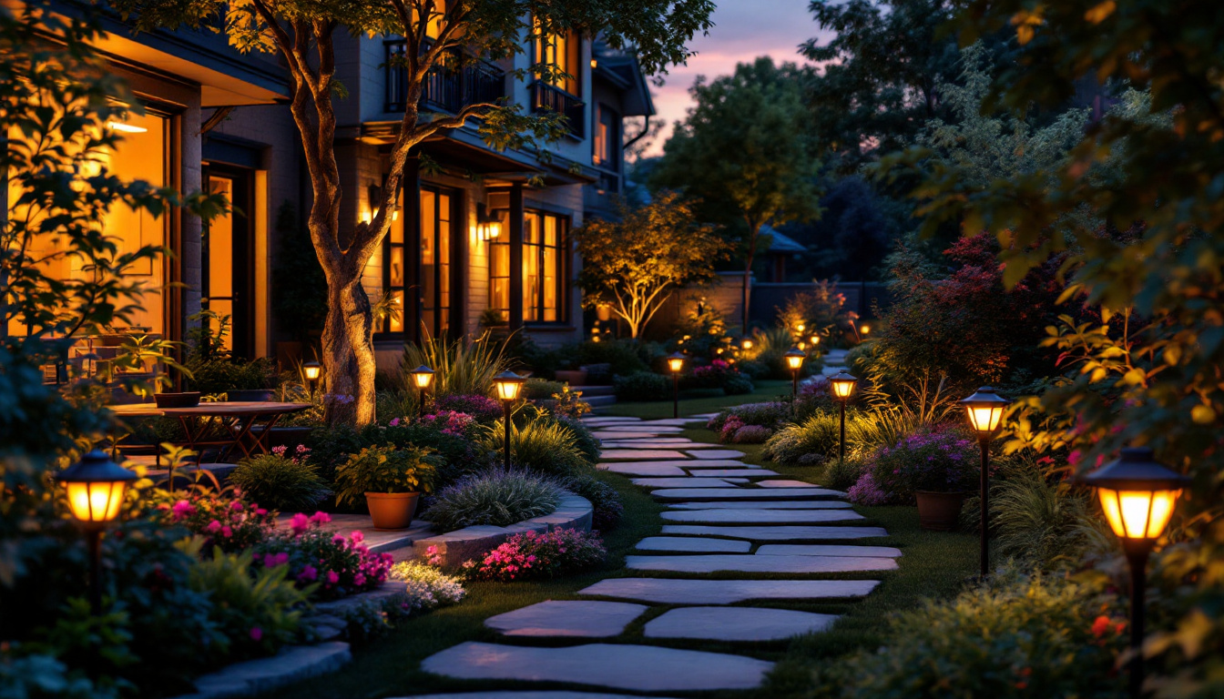 A photograph of a beautifully illuminated yard at dusk