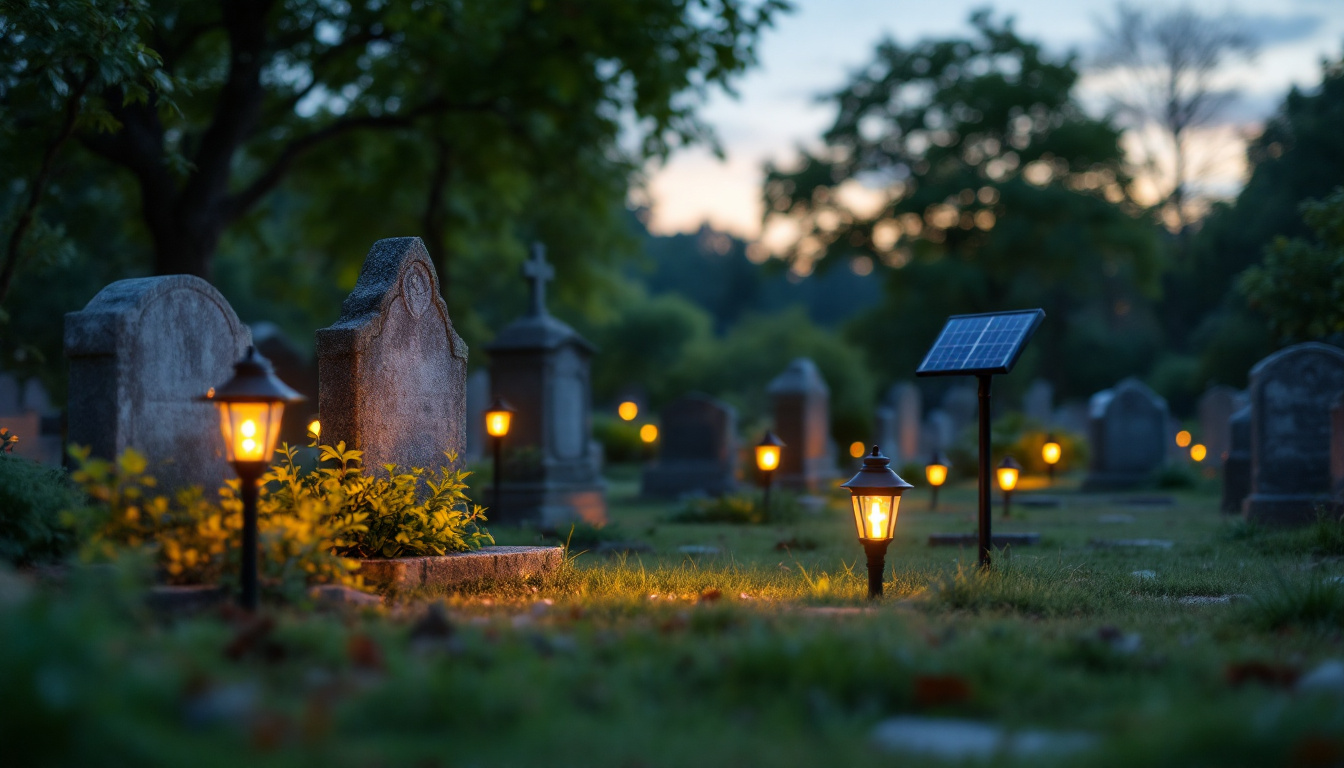 A photograph of a serene graveyard scene at dusk