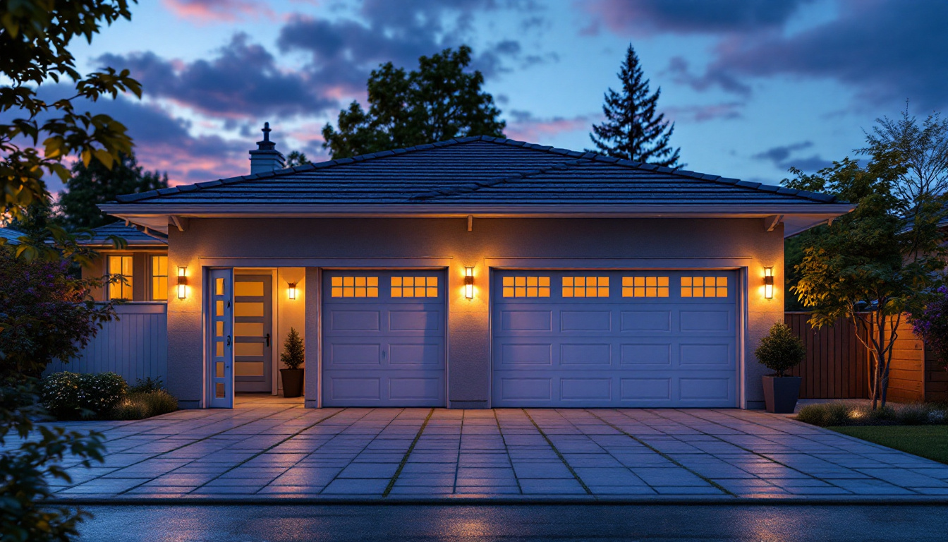 A photograph of a beautifully illuminated outdoor garage space at dusk