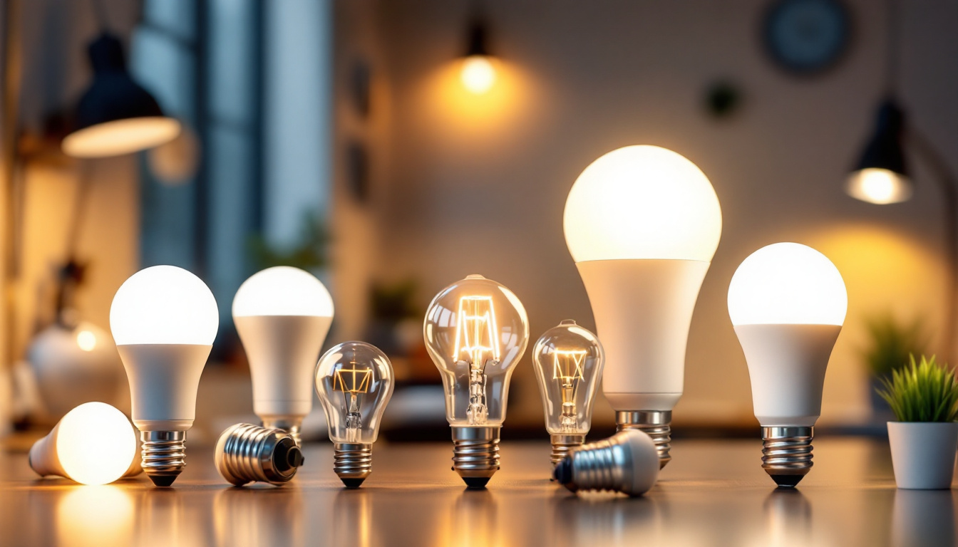 A photograph of a well-lit scene showcasing a variety of 10v led bulbs in different styles and applications