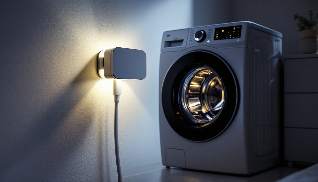 A photograph of a modern washing machine plug adapter integrated into a stylish lighting setup