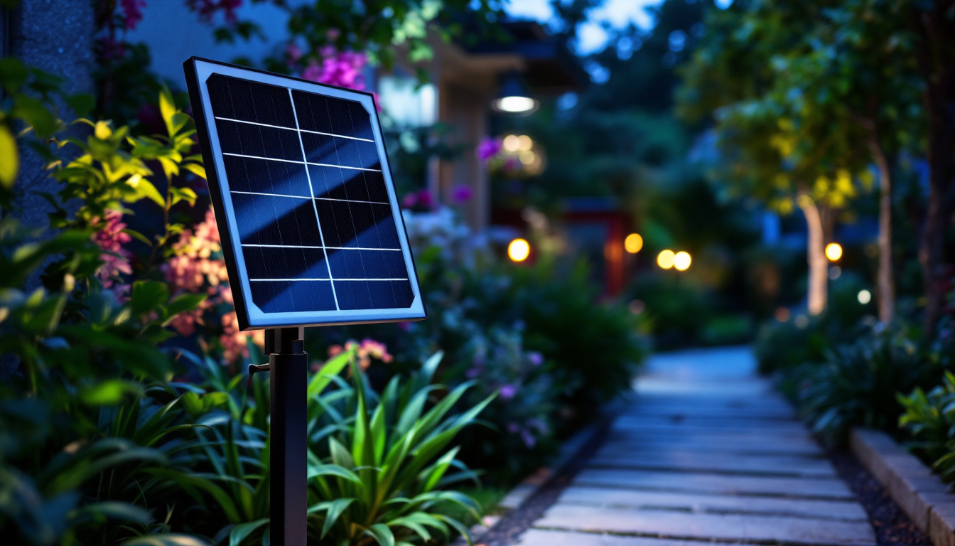 A photograph of a modern solar light panel installed in a vibrant outdoor setting