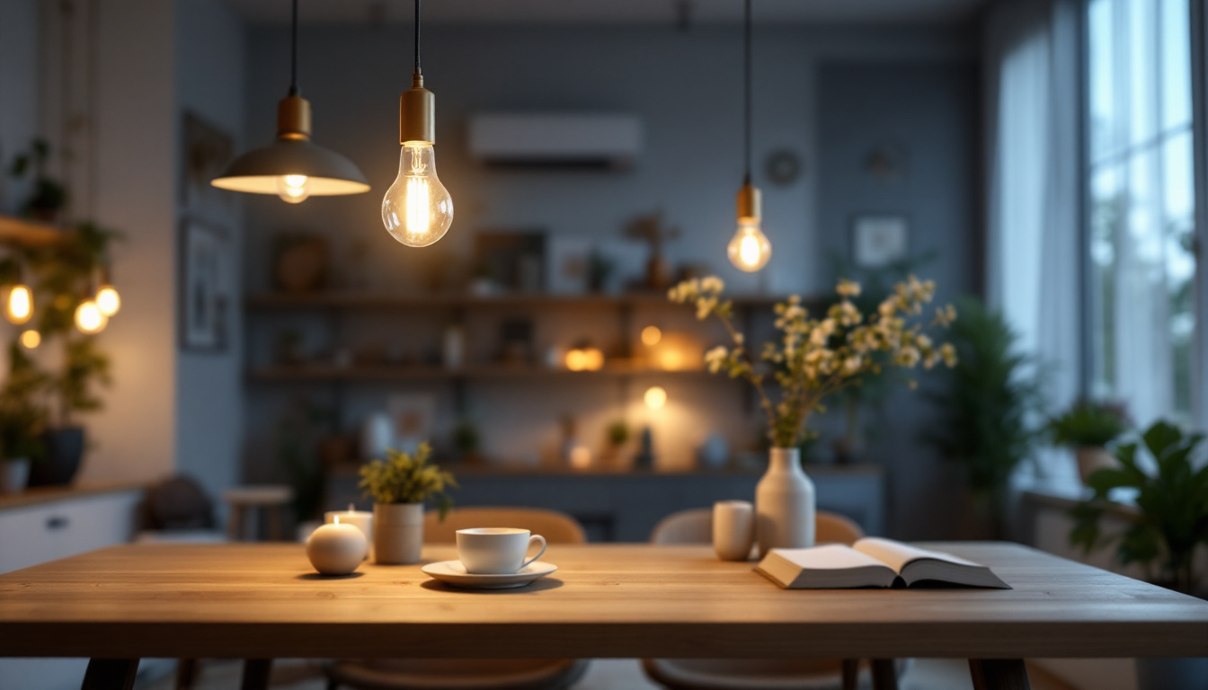 A photograph of a well-lit residential and commercial space showcasing various light fixtures with the popular bulb base