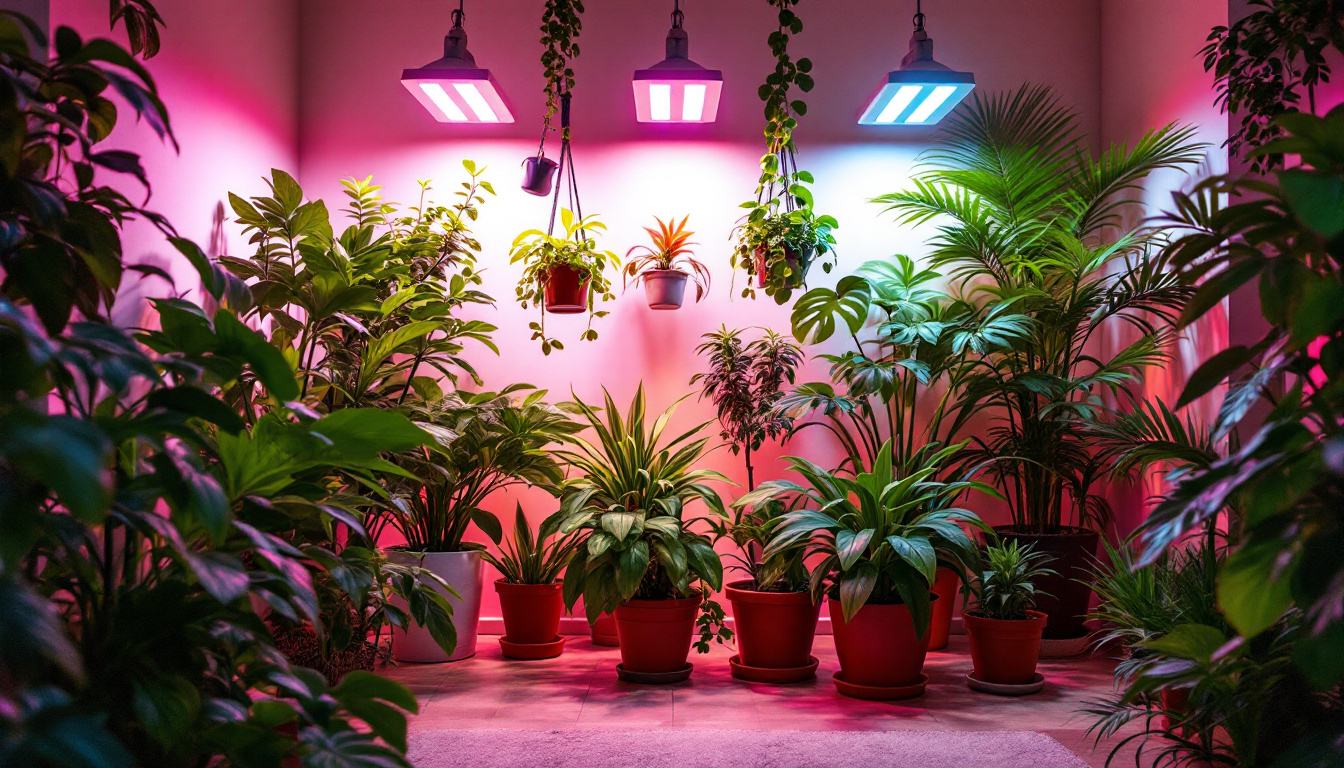 A photograph of a vibrant indoor space featuring various thriving houseplants illuminated by energy-efficient led grow lights
