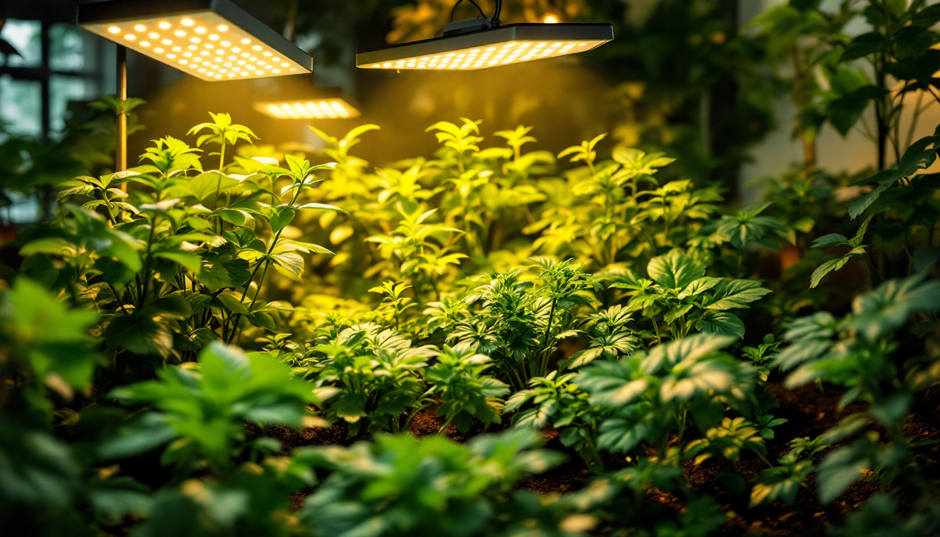 A photograph of a vibrant indoor garden illuminated by solar-powered grow lamps