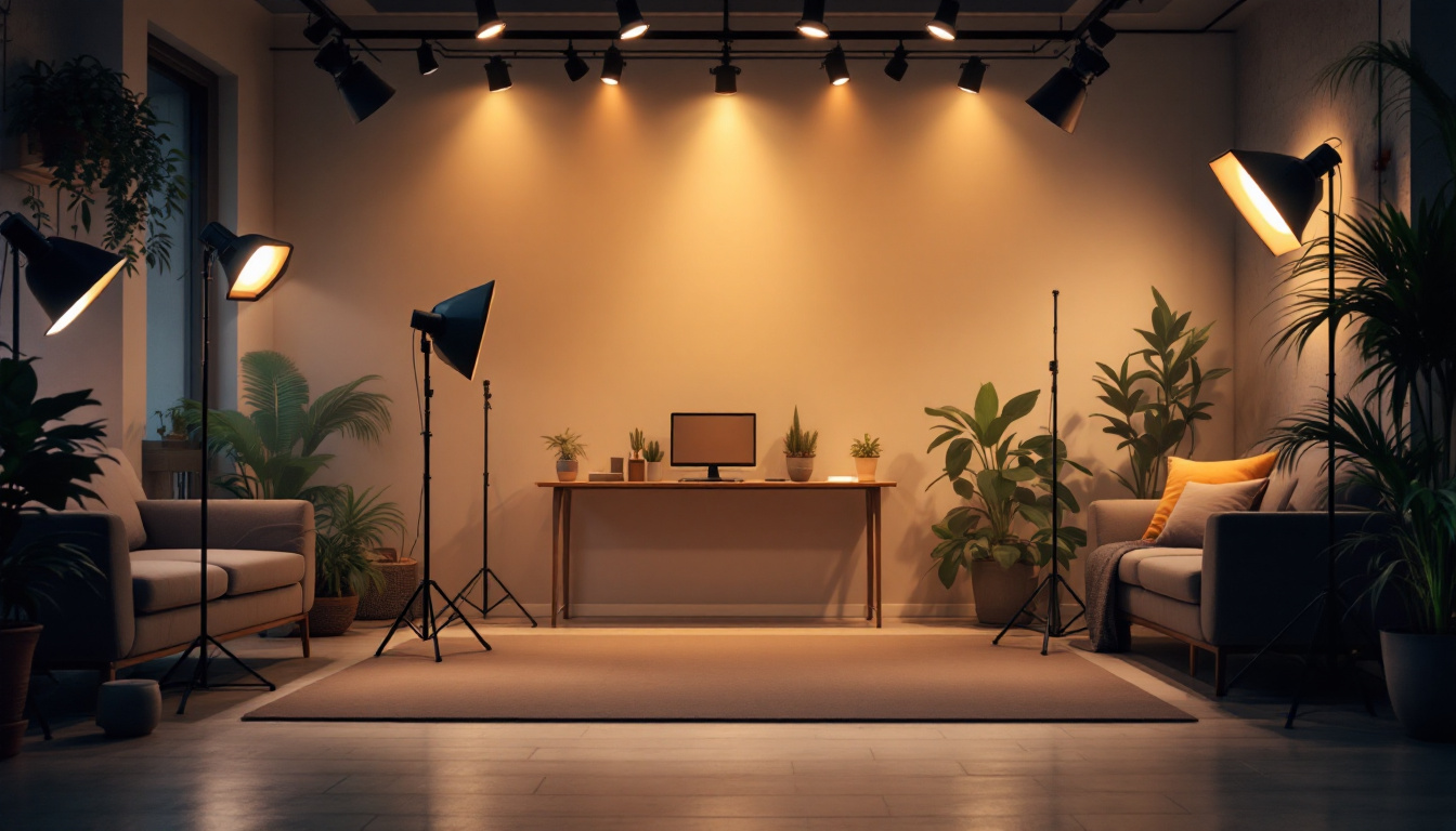 A photograph of a well-lit indoor space showcasing various flood lights in action