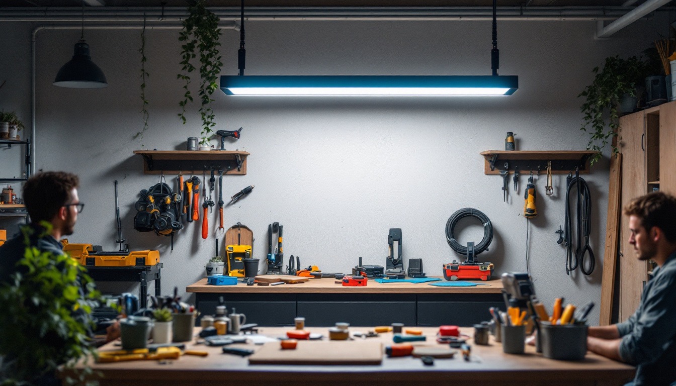 A photograph of a well-lit workshop or garage space featuring a 4ft led shop light in action