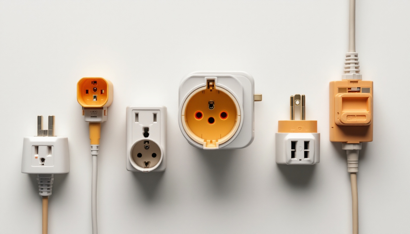 A photograph of a close-up of various nema electrical plug types arranged aesthetically on a clean