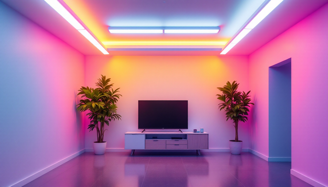 A photograph of a brightly lit room showcasing a comparison between old fluorescent lights and new led lights