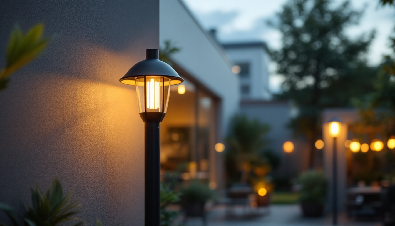 A photograph of a stylish lamp post with an integrated outlet