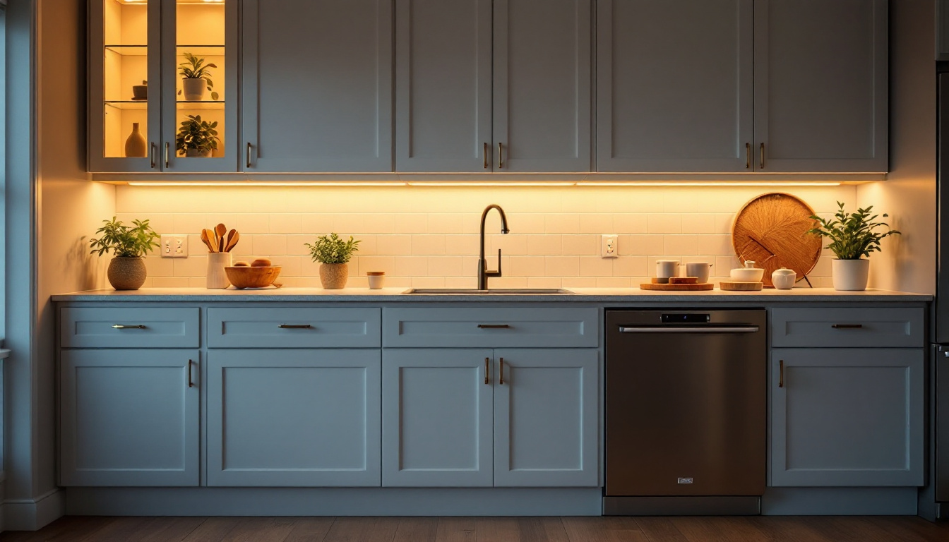 A photograph of a well-lit kitchen featuring stylish under-cabinet lighting