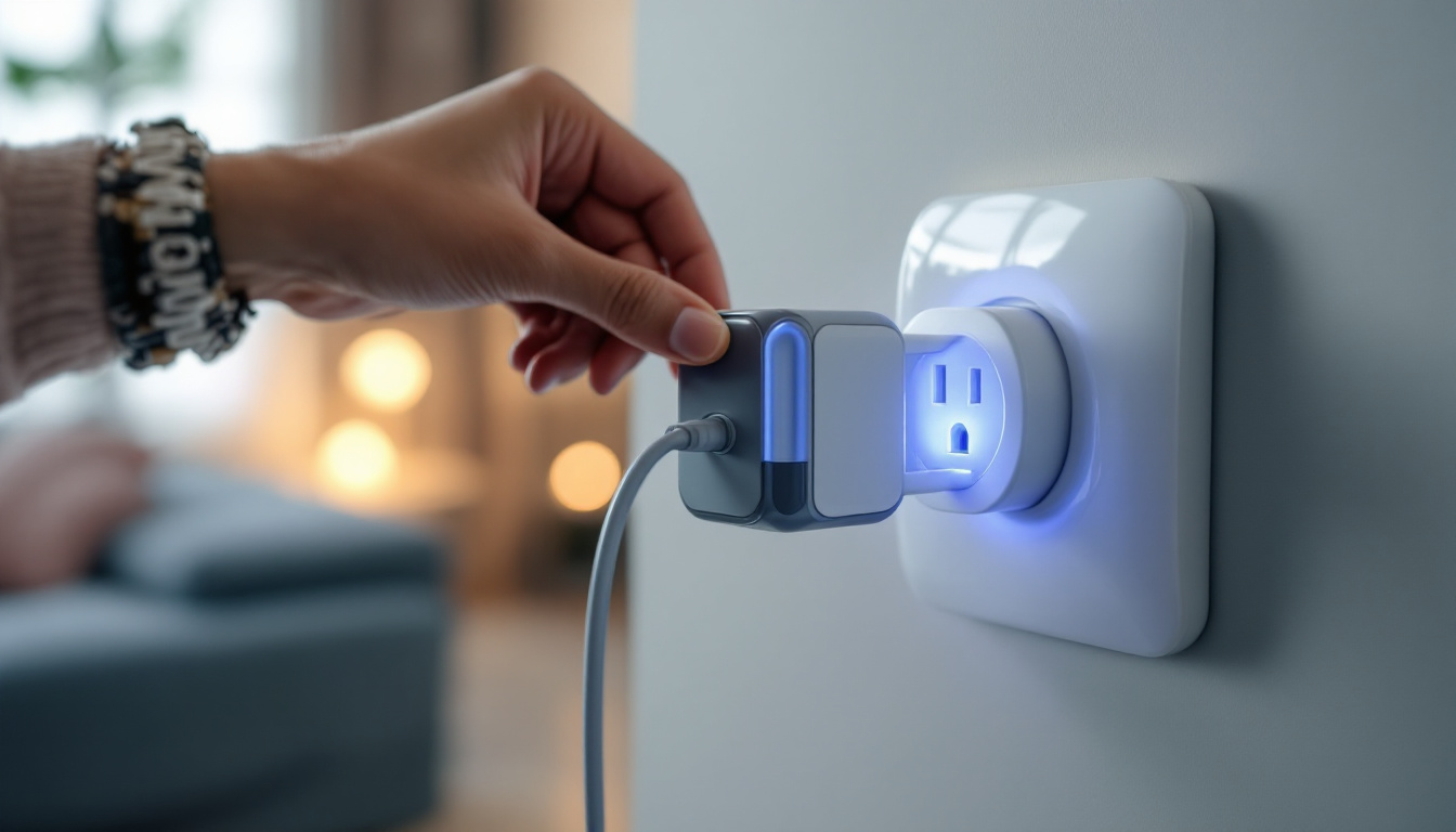 A photograph of a close-up of a modern plug lock being installed on a stylish electrical plug