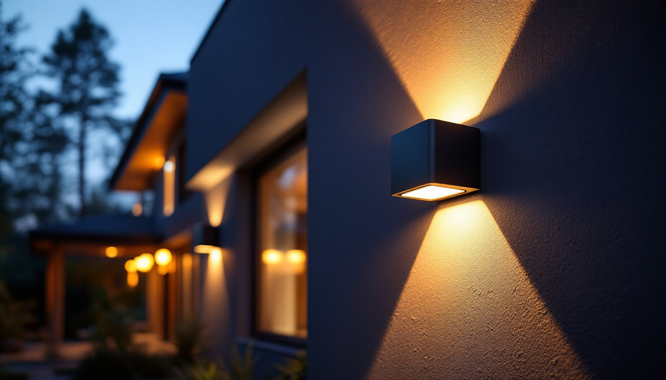 A photograph of a modern outdoor wall light illuminating the exterior of a stylish house at dusk