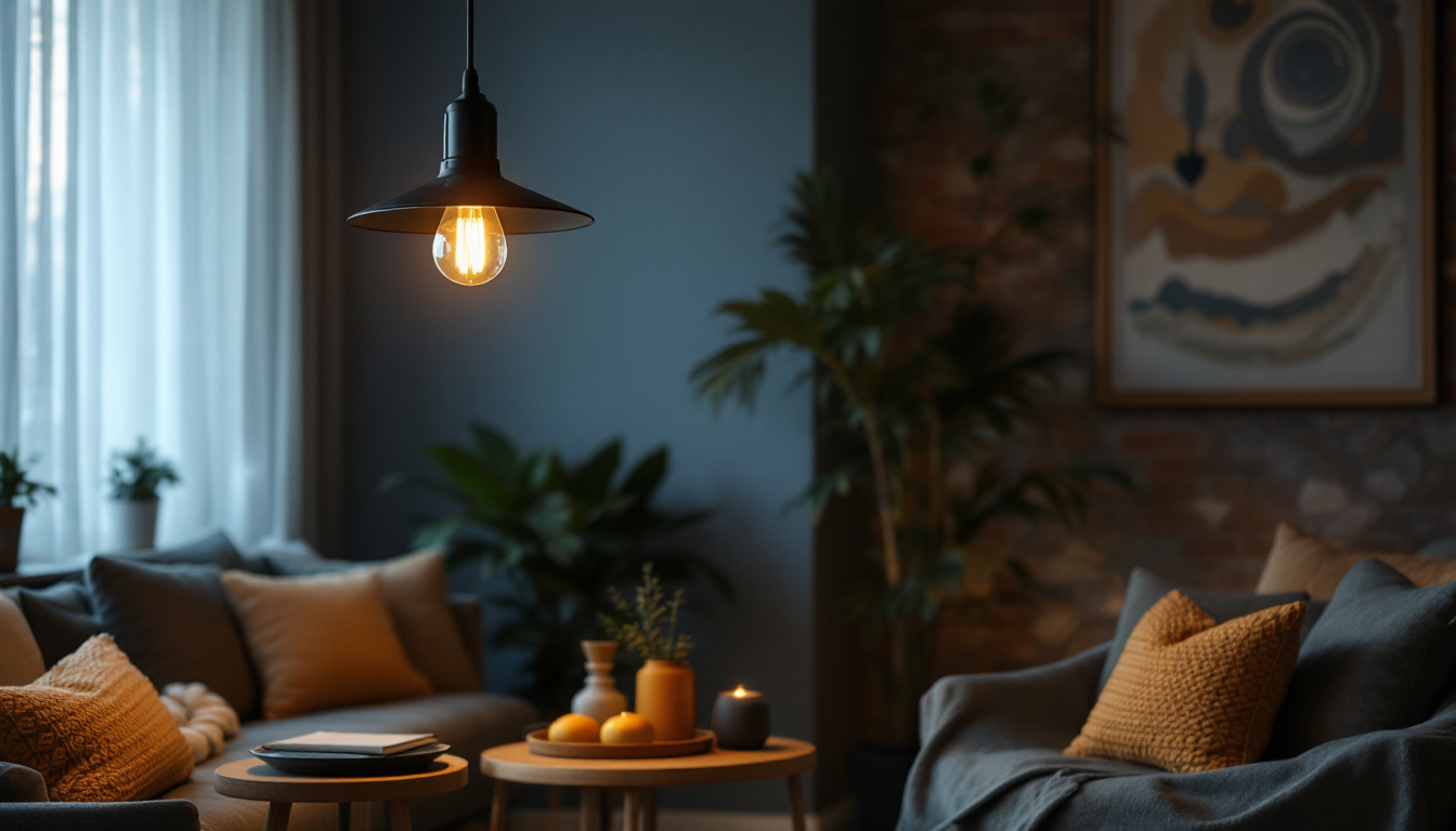 A photograph of a stylish single hanging light fixture in a cozy
