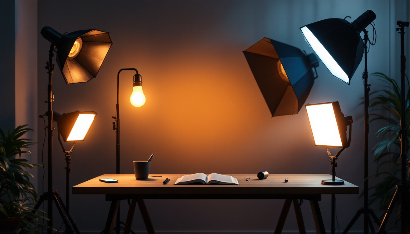 A photograph of a modern lighting setup showcasing a variety of 50-watt light sources in action