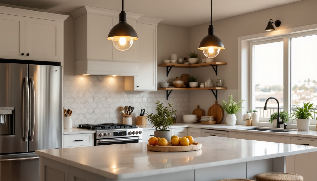 A photograph of a beautifully styled kitchen showcasing a modern flush mount light fixture