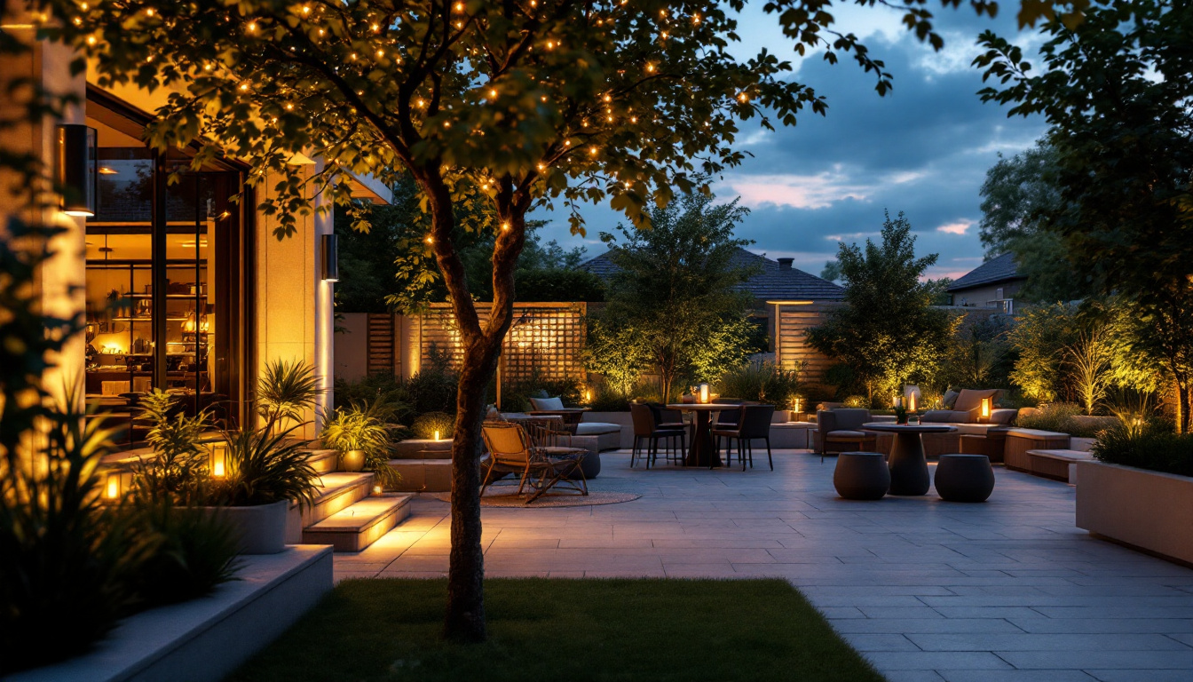 A photograph of a beautifully illuminated outdoor space at dusk