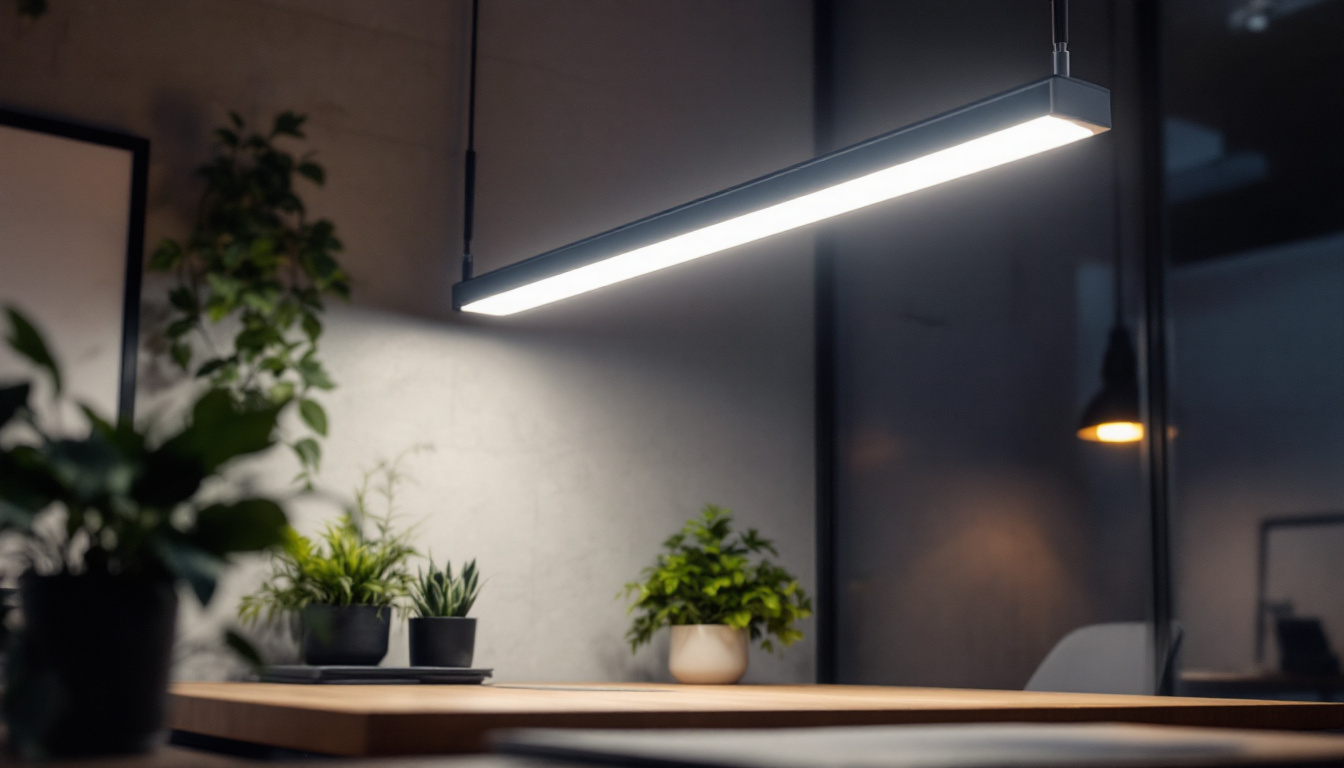 A photograph of a sleek commercial linear led light bar installed in a modern workspace
