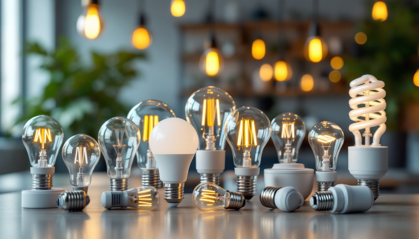 A photograph of a diverse array of light bulb types and bases displayed in an aesthetically pleasing arrangement