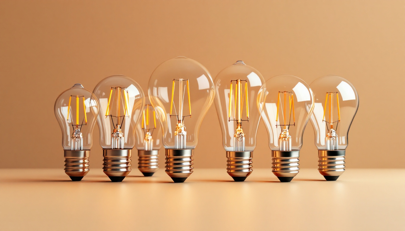 A photograph of a close-up shot of various standard light bulb bases arranged artistically on a neutral background
