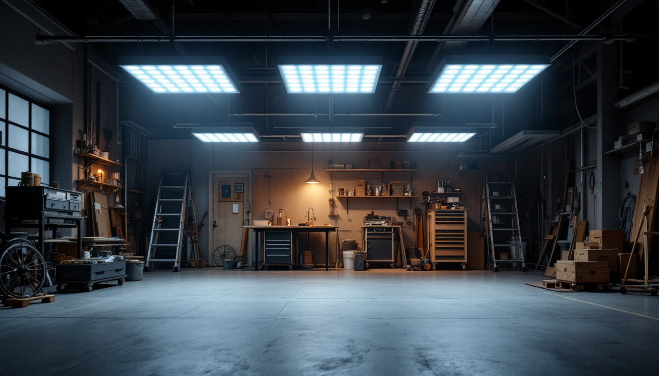 A photograph of a well-lit workshop or garage featuring multiple led 4-foot shop lights in use