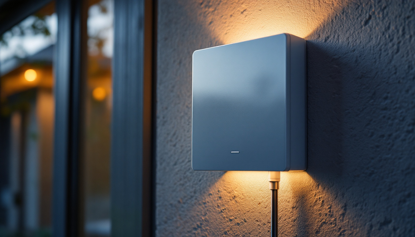 A photograph of a modern electrical exterior box installed on a stylish residential or commercial building