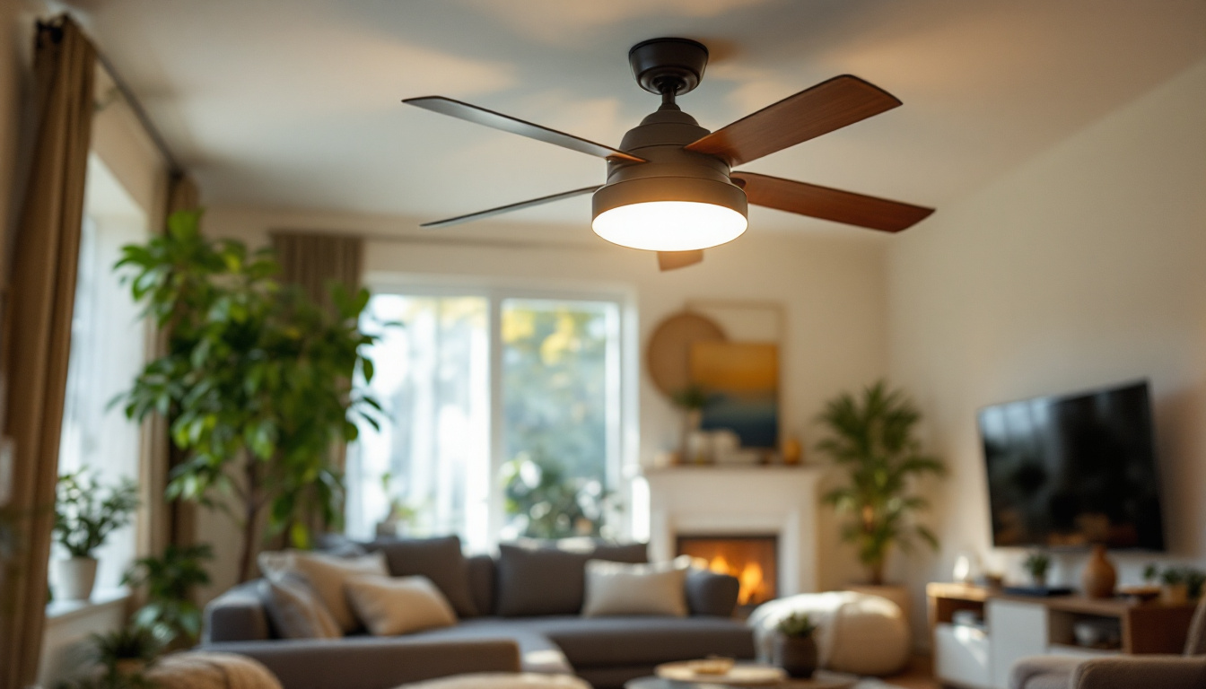 A photograph of a stylish ceiling fan with an integrated light fixture in a well-lit living space