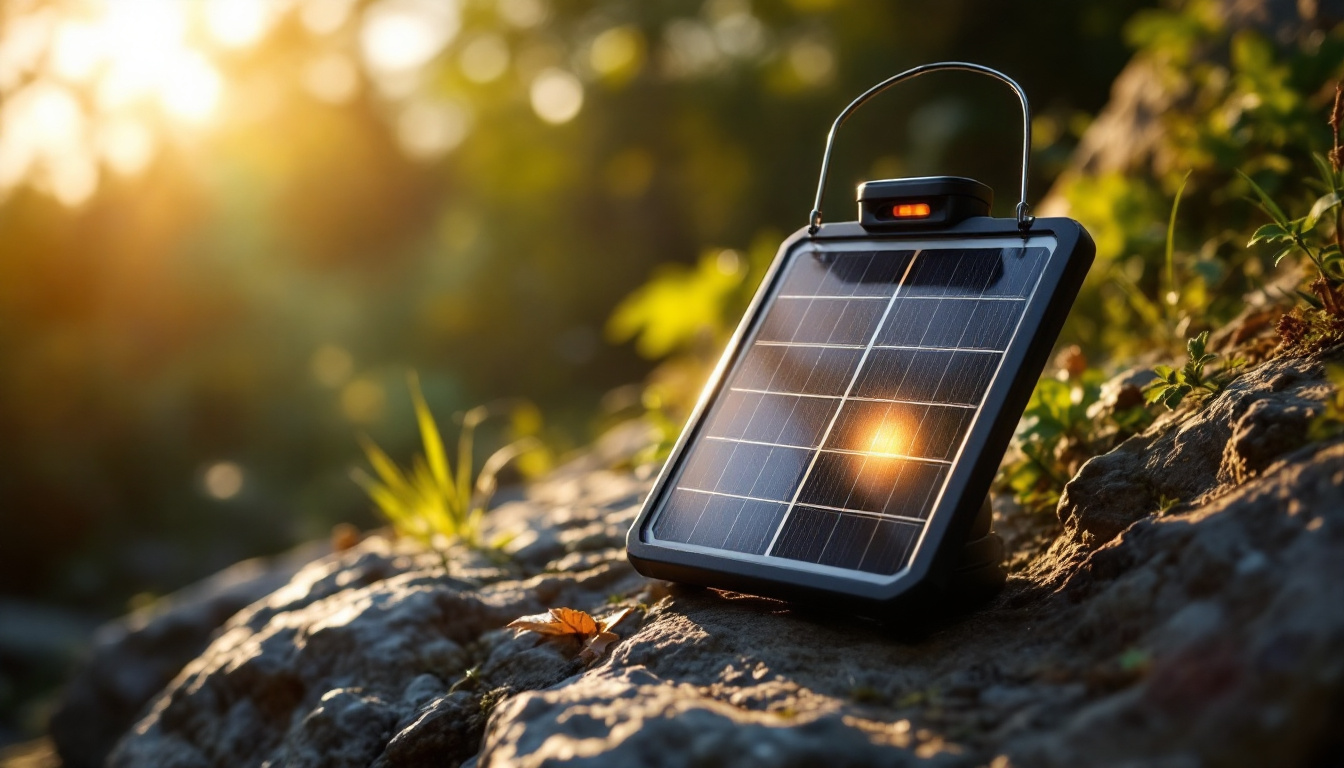 A photograph of a solar lantern in a natural outdoor setting