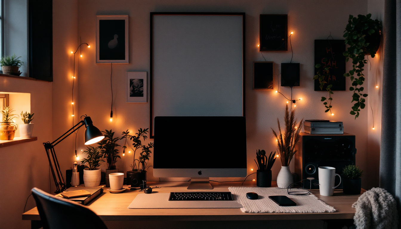 A photograph of a beautifully arranged workspace featuring wire cord lighting that highlights its sleek design and effective illumination