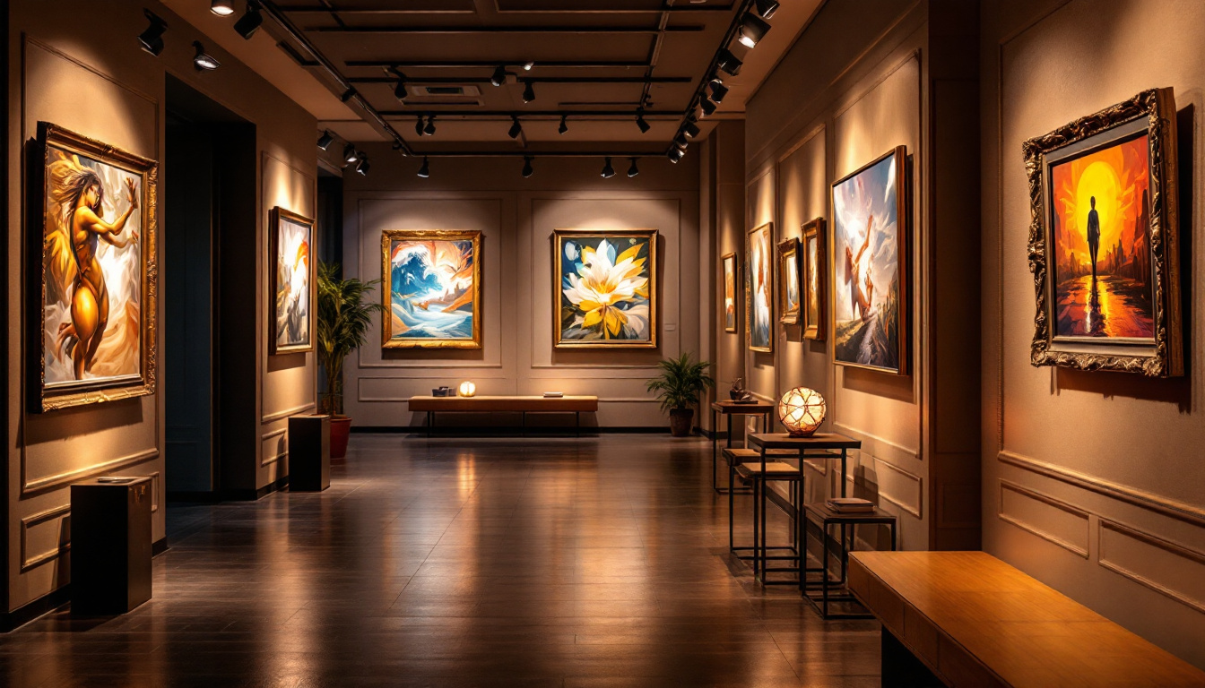 A photograph of a beautifully lit art gallery showcasing various artworks