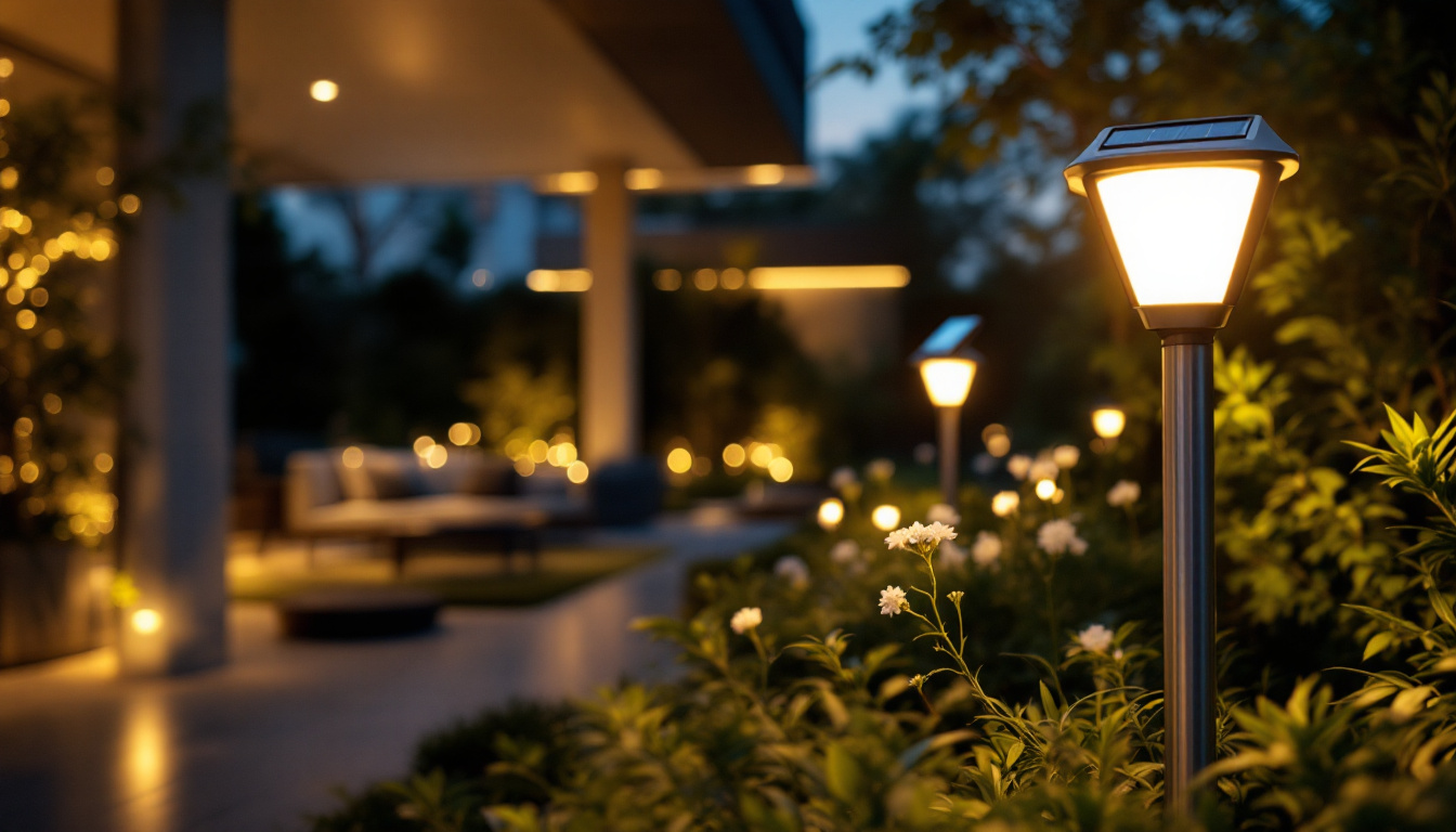 A photograph of a modern outdoor setting illuminated by solar-powered led lights