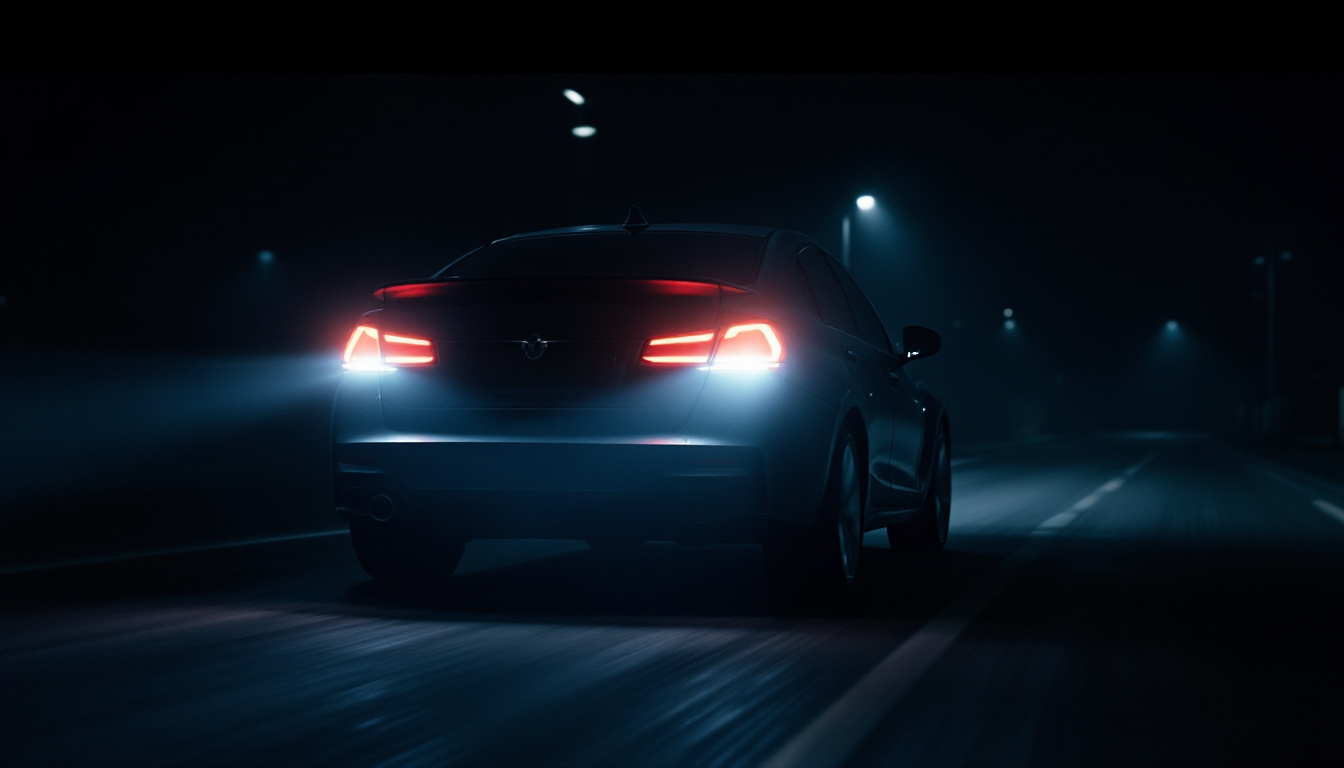 A photograph of a vehicle in a dimly lit environment