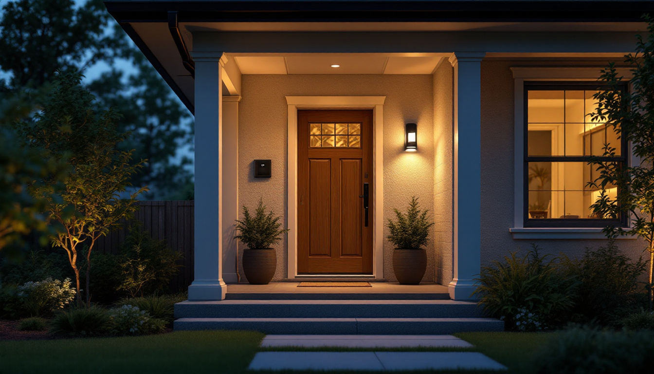 A photograph of a modern porch with a motion sensor light illuminated at dusk