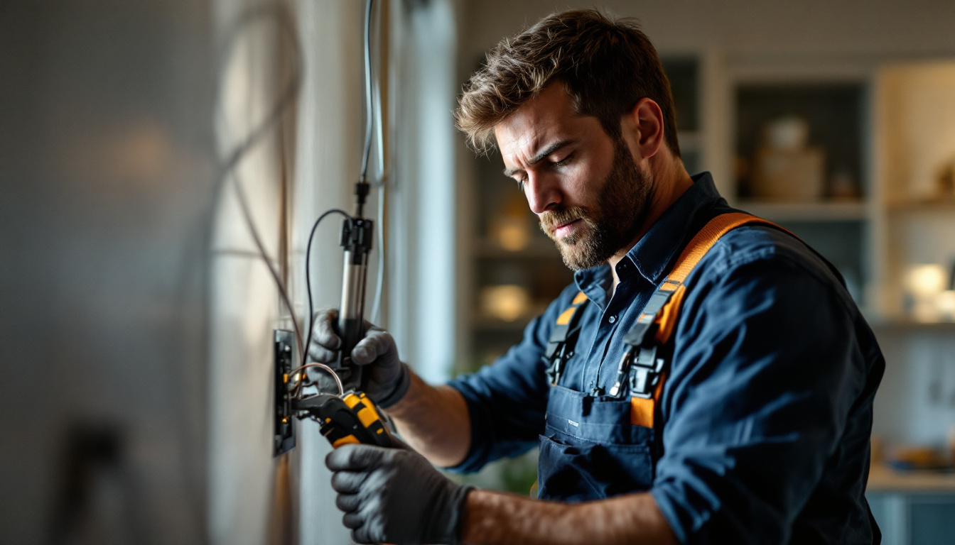 A photograph of a skilled electrician using a wire puller tool in a well-lit residential or commercial setting
