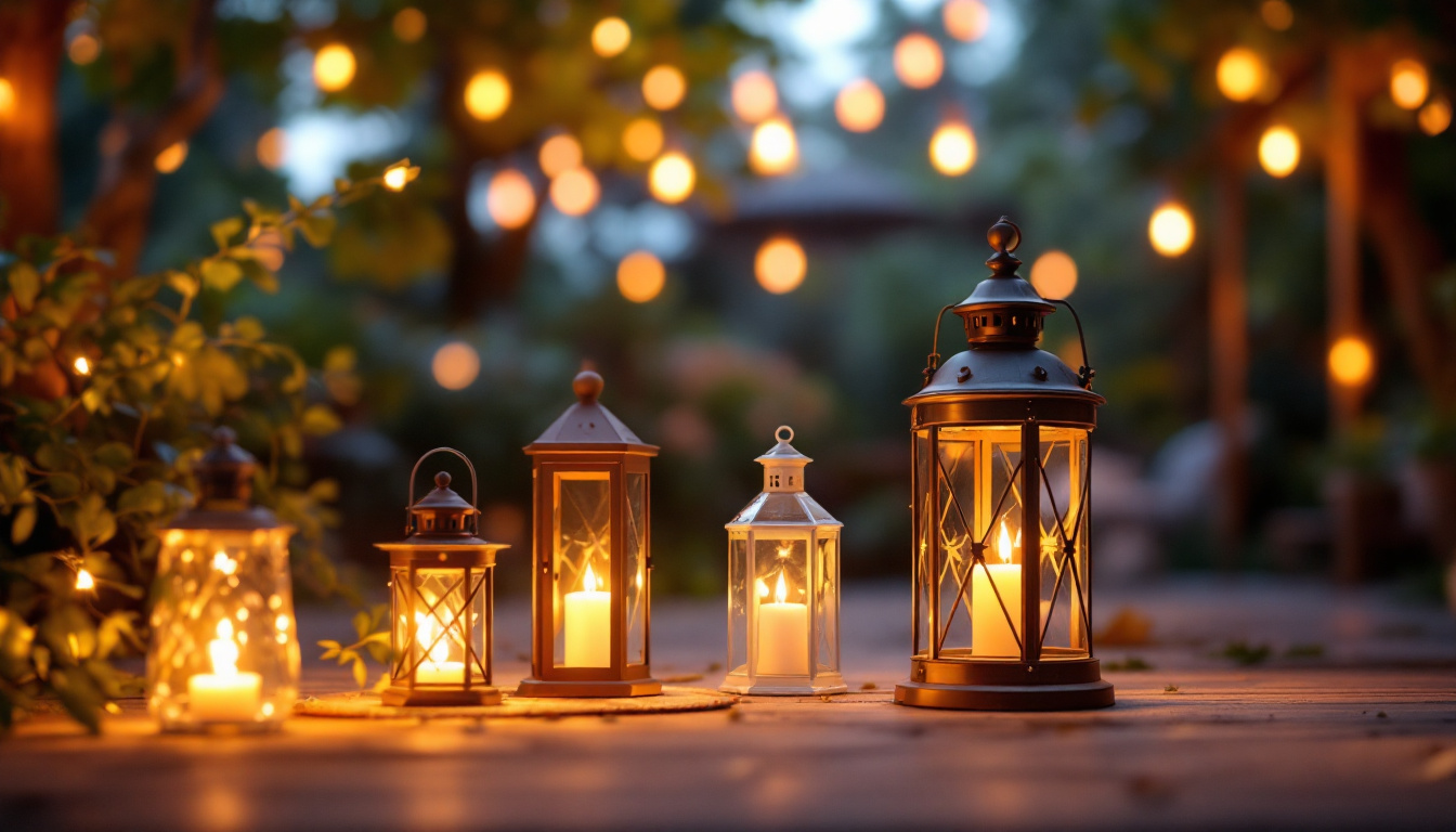 A photograph of a beautifully lit outdoor space featuring an array of lantern lights