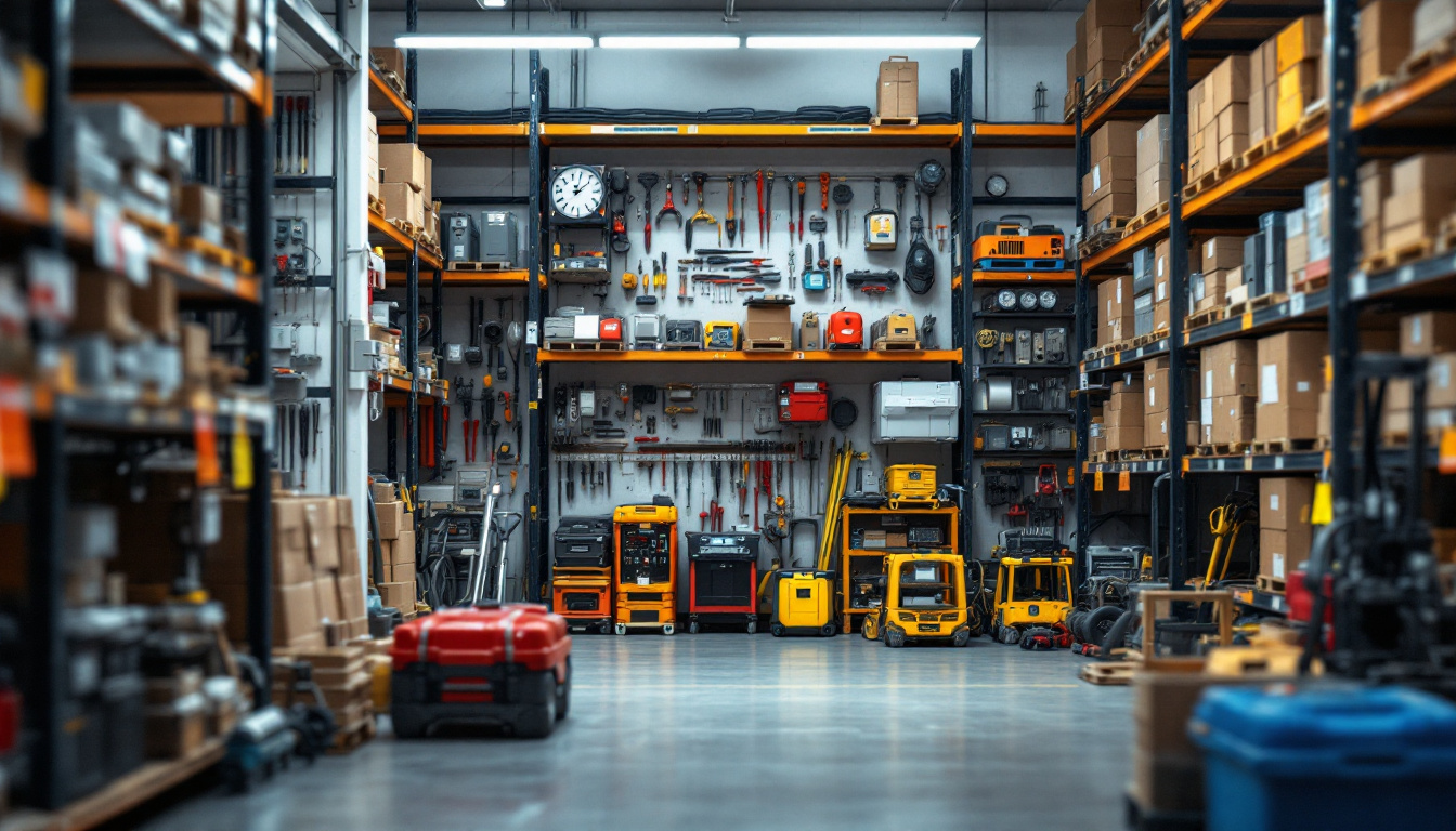 A photograph of a well-organized electrical warehouse showcasing a diverse range of tools and equipment