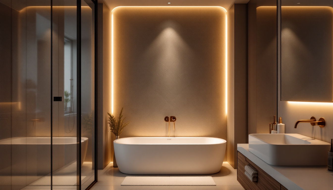A photograph of a beautifully designed bathroom featuring recessed shower lights in action