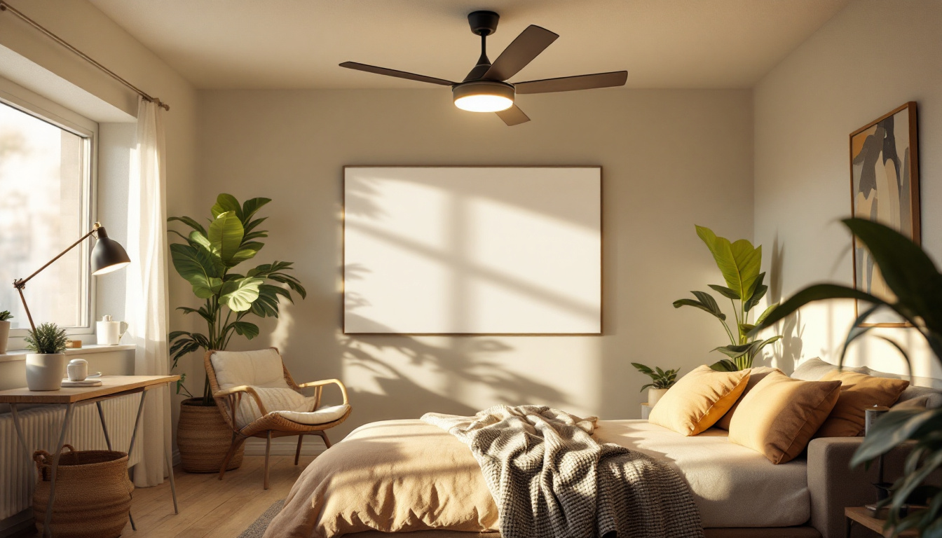 A photograph of a stylishly designed room featuring a modern ceiling fan with integrated lighting