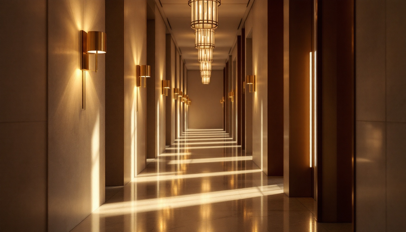 A photograph of a beautifully lit hallway featuring elegant lamps that highlight the space