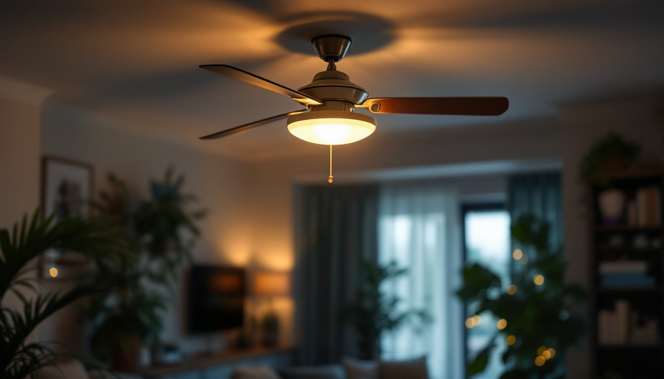 A photograph of a stylish ceiling fan light fixture in a well-lit room