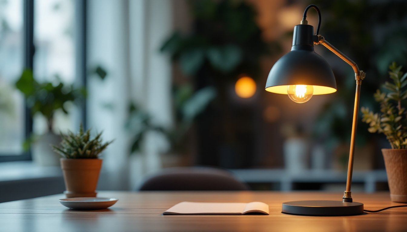 A photograph of a well-lit office space featuring a stylish lamp that enhances the ambiance