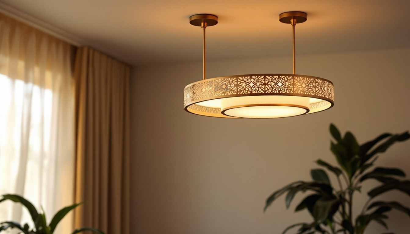A photograph of a beautifully designed ceiling mount light fixture in a well-lit room