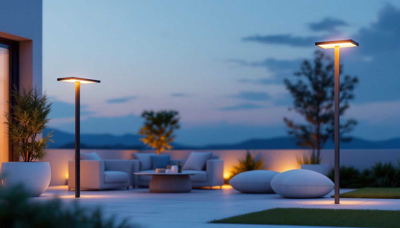 A photograph of a modern outdoor setting illuminated by sleek flat solar lights at dusk