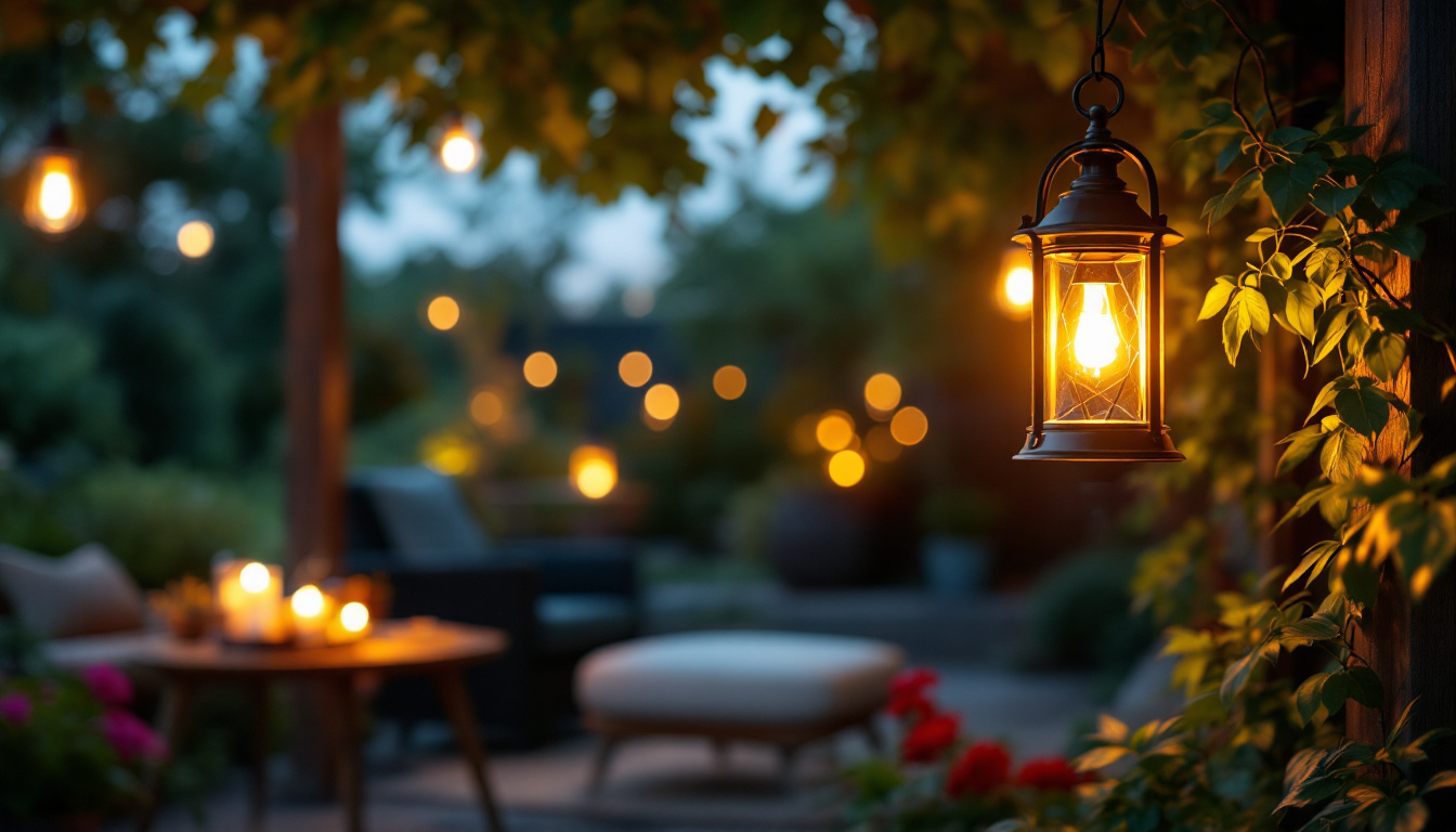 A photograph of a beautifully designed outdoor hanging lantern light fixture illuminated at dusk