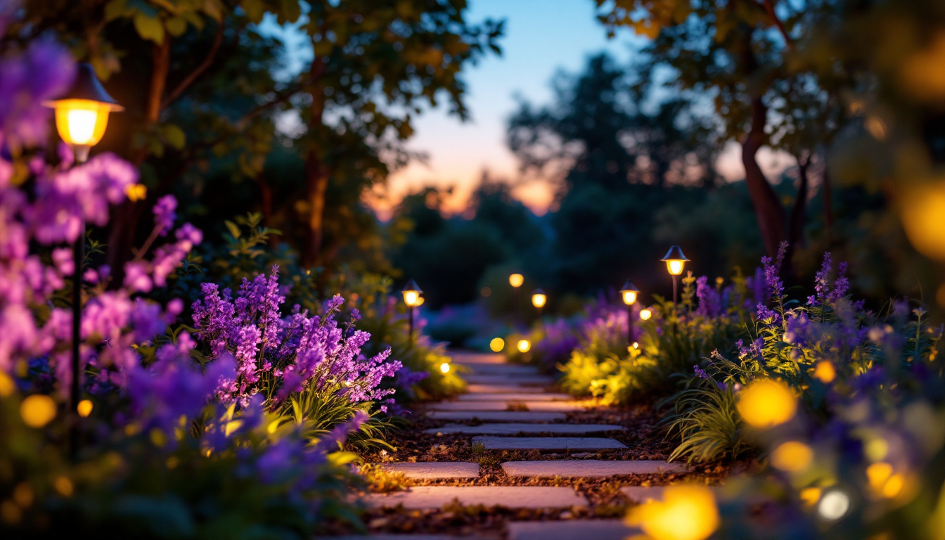 A photograph of a beautifully illuminated garden at dusk