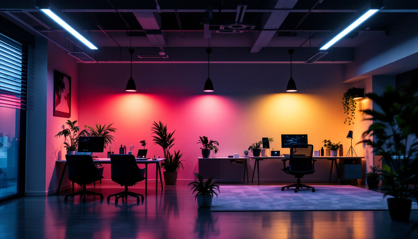 A photograph of a modern workspace illuminated by both fluorescent and led lighting