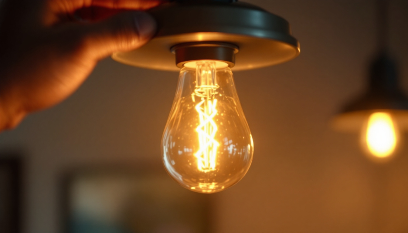 A photograph of a close-up of a twist and lock reflector bulb being installed in a stylish light fixture