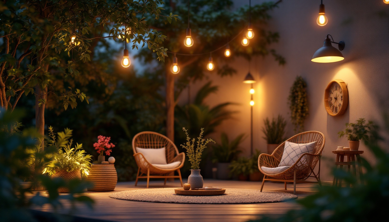 A photograph of a beautifully illuminated outdoor space featuring stylish waterproof hanging lights