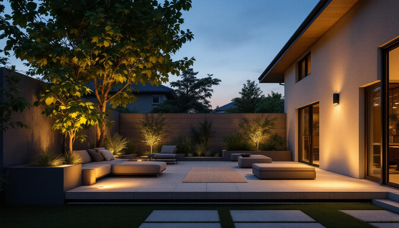 A photograph of a modern outdoor space illuminated by innovative photocell lights at dusk